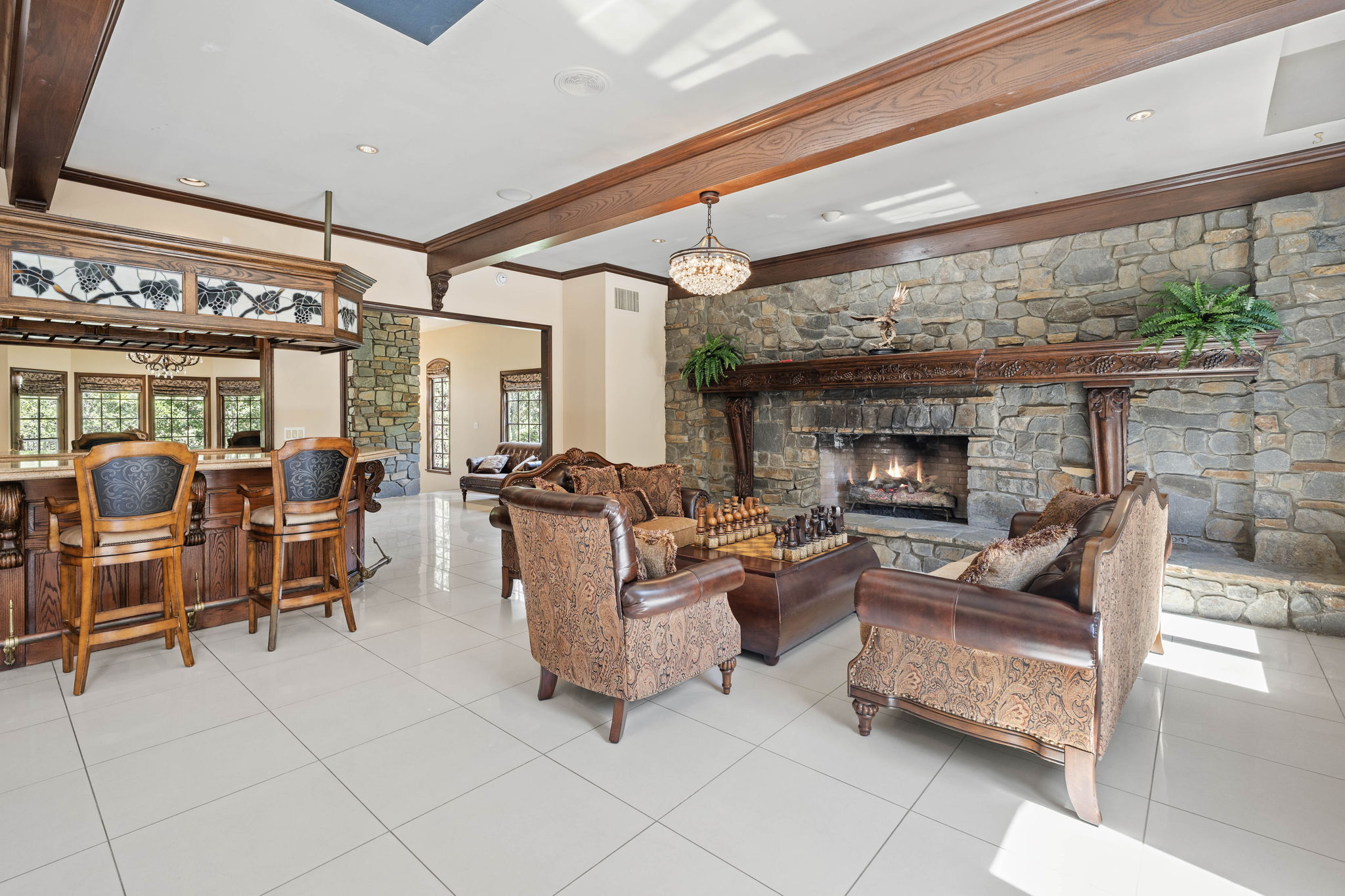 Lounge area with bar and fireplace